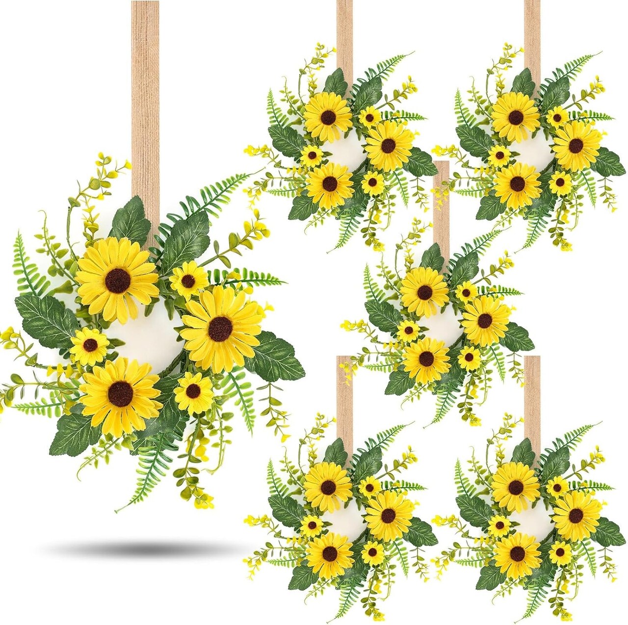 6 Pcs Sunflower Wreaths for Front Door – Artificial Yellow Floral Swag for Summer, Candle Rings for Pillars, Cabinets, and Window Home Décor